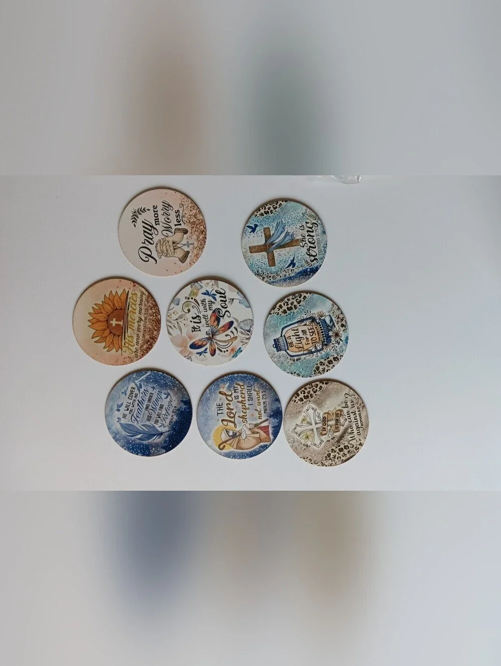 Inspirational Round Decorative Coasters - Blue, Teal, Cream, Brown